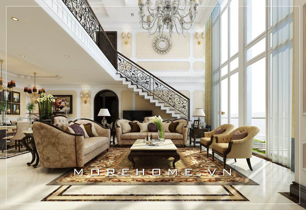 Bộ sofa phòng khách được thiết kế theo phong cách tân cổ điển sang trọng, sử dụng chất liệu bọc bằng vải họa tiết cao cấp mang đến không gian phòng sang trọng và tinh tế